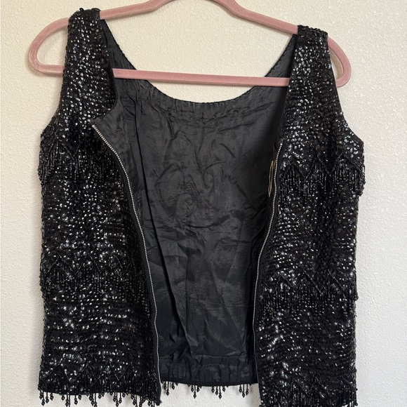Vintage Black Sequin Beaded Fringe Top | Zip Front | Art Deco Glam - Picture 5 of 9